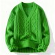 Women's Green Cable Knit V-Neck Sweater - Trendy Casual Pullover
