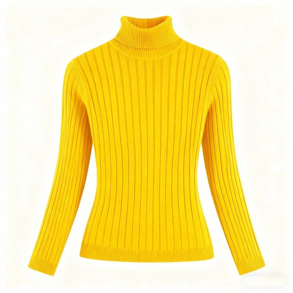 Women's Yellow Ribbed Turtleneck Sweater - Slim-Fit Warm Pullover