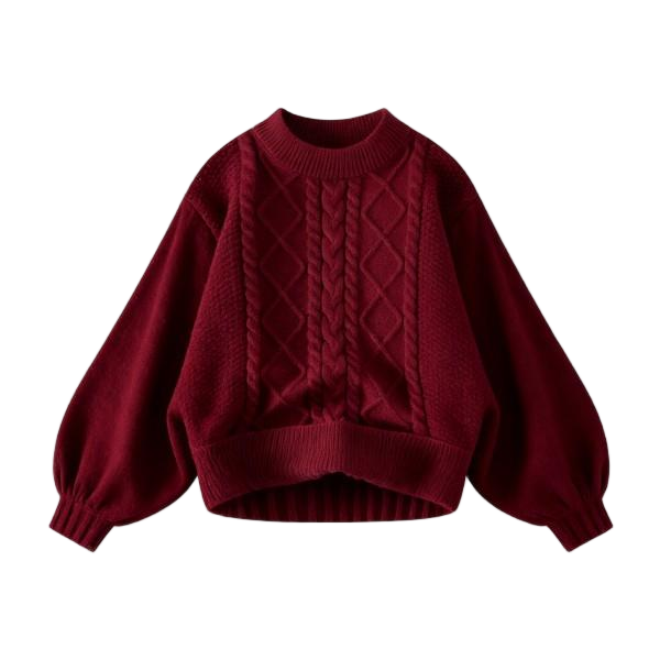 Burgundy Oversize Cable-Knit Sweater with Puff Sleeves