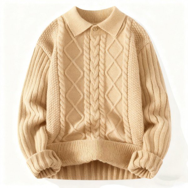 Women's Beige Cable Knit Polo Collar Sweater - Preppy Casual Pullover