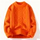 Women's Orange Cable Knit Crew Neck Sweater - Oversized Cozy Pullover