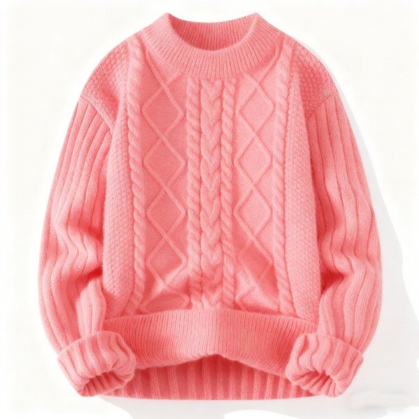 Women's Pink Cable Knit Crew Neck Sweater