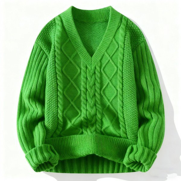 Women's Green Cable Knit V-Neck Sweater - Trendy Casual Pullover