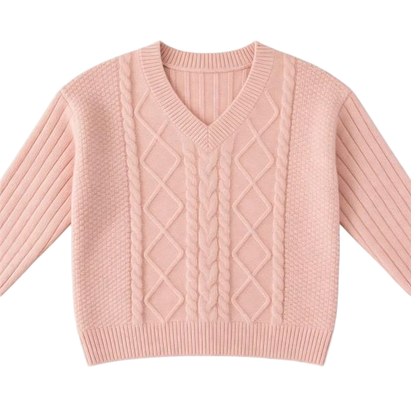 Blush Pink V-Neck Cable-Knit Sweater