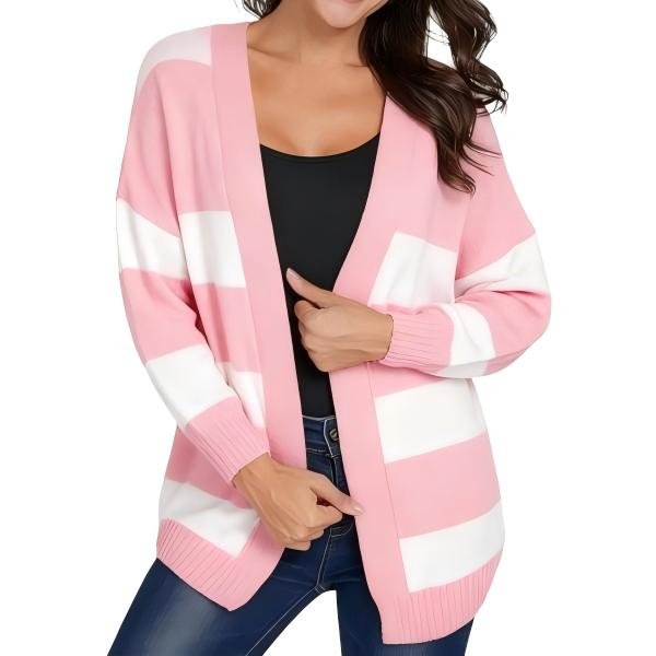 Women's Pink & White Striped Open-Front Cardigan