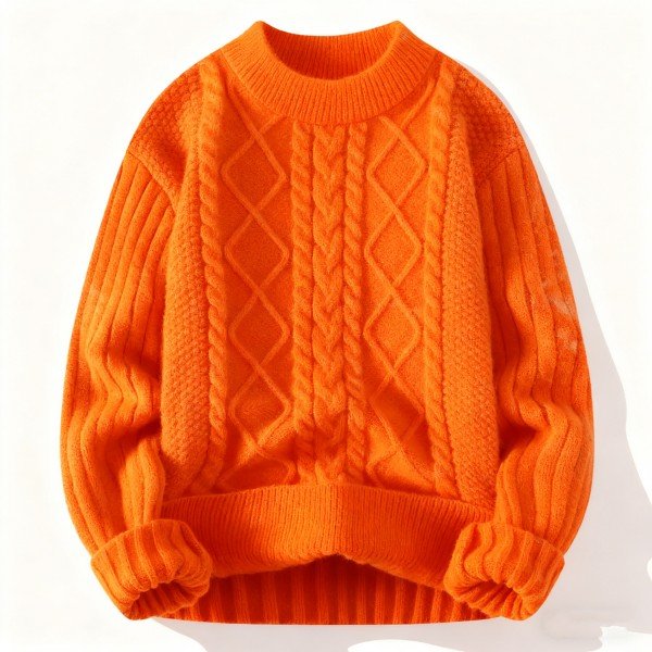 Women's Orange Cable Knit Crew Neck Sweater - Oversized Cozy Pullover